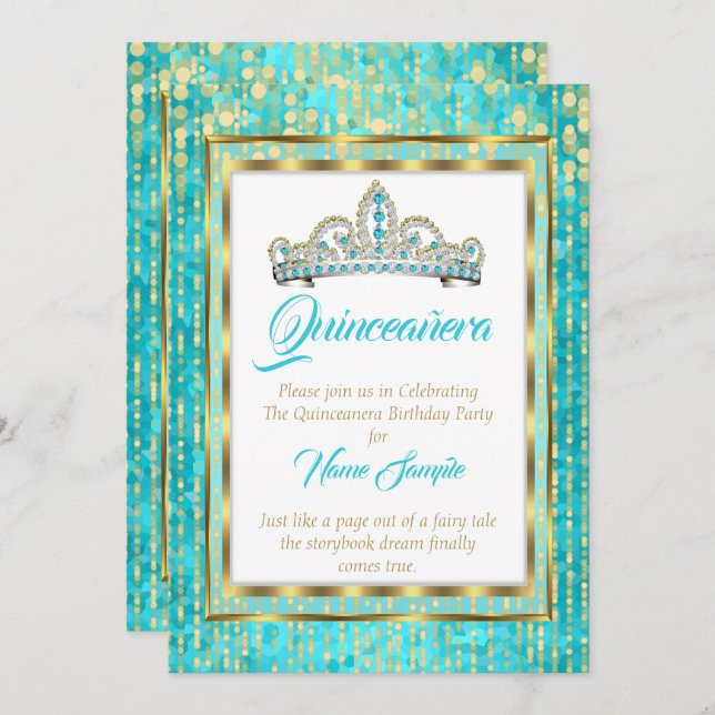 Convite Princesa Regal Teal Azul Quinceanera Dourada Branc (Frente/Verso)