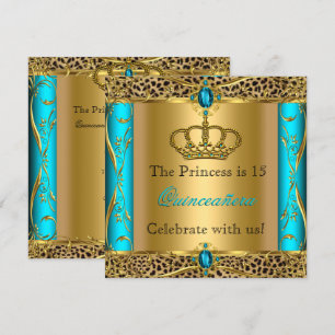 Convite Princesa Regal Verde Azul Leopardo Festa de Quinze