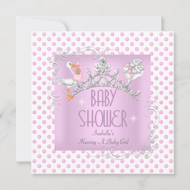 Convite Princesa Rosa Bebê Branco Chuveiro Menina Tiara (Frente)