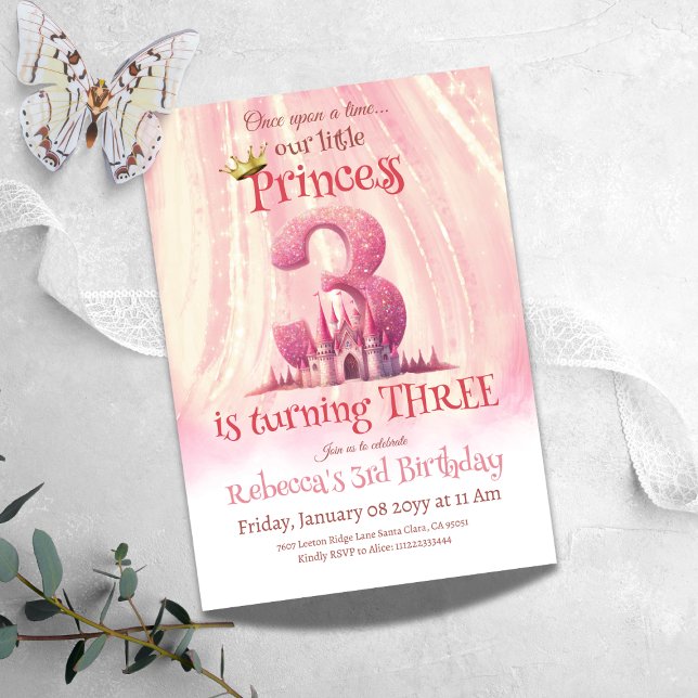 Convite Princesa Rosa Castle Girl Third aniversário de 3 a (Criador carregado)