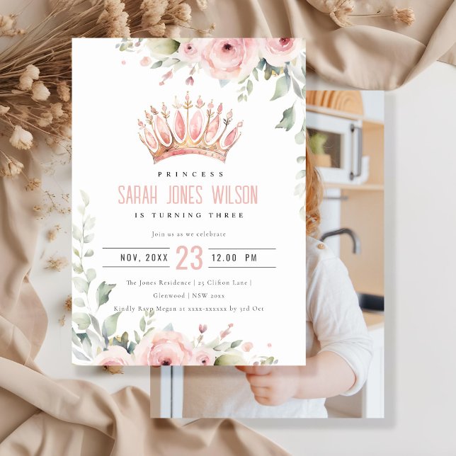 Convite Princesa Rosa Coroa Tiara Foto Floral Aniversário (Criador carregado)