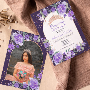 Convite Princesa Rosa de ouro floral roxo tiara Quinceaner