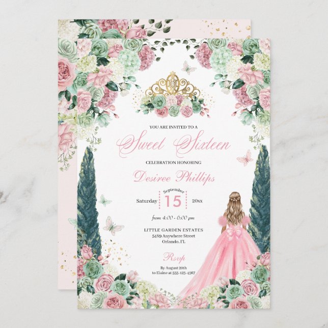 Convite Princesa Rosa Encantada Jardim Doce Dezesseis (Frente/Verso)