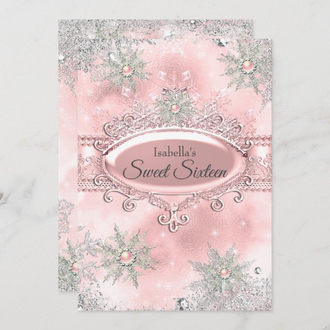 Convite Princesa Rosa Esmagada Winter Wonderland Sweet 16 (Frente/Verso)