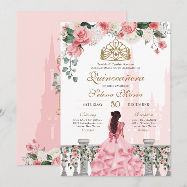 Convite Princesa Rosa Fairytale Quinceañera com Rosas (Frente/Verso)