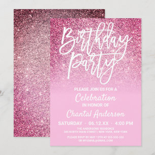 Convite Princesa Rosa Faux Glitter Ombre Aniversário