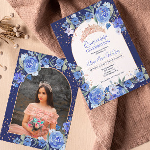 Convite Princesa Rosa floral azul de tiara Quinceanera