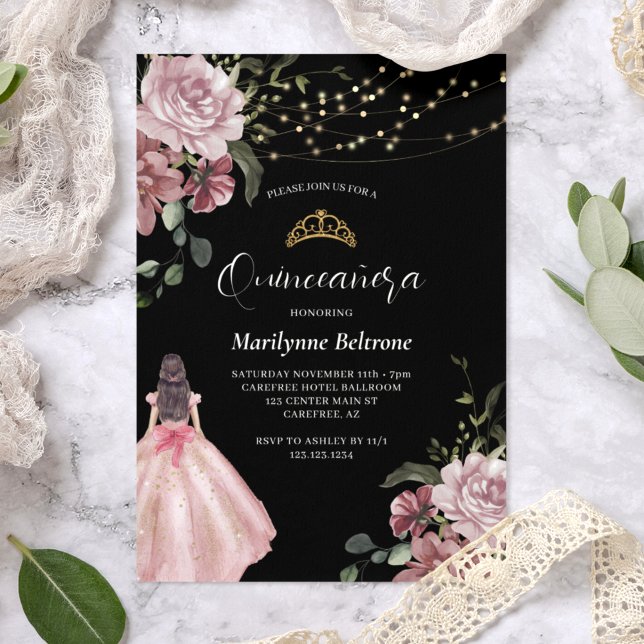 Convite Princesa Rosa Floral Moderno Quinceañera (Criador carregado)