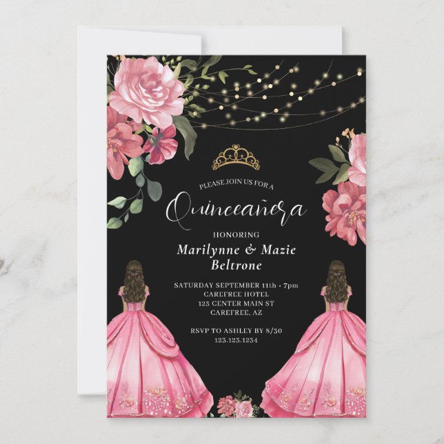 Convite Princesa Rosa Gêmeas Florais Quinceañera (Frente)