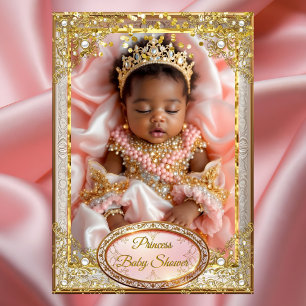 Convite Princesa Rosa Ouro Chuveiro de Bebê Menina Pérolas