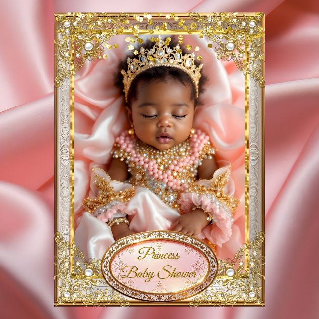 Convite Princesa Rosa Ouro Chuveiro de Bebê Menina Pérolas (Criador carregado)