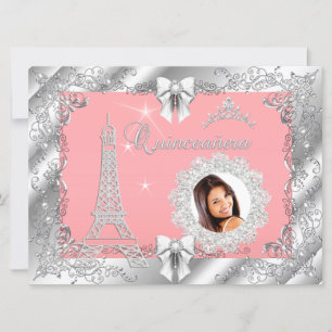 Convite Princesa Rosa PÊSSEGO Quinceanera Prata Foto GRAND