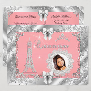 Convite Princesa Rosa PÊSSEGO Quinceanera Prata Foto GRAND