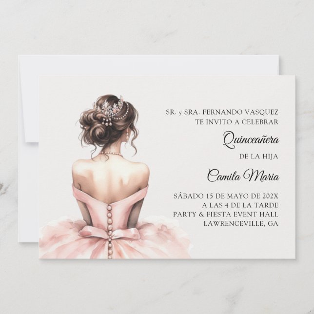 Convite Princesa Rosa Quinceañera 15 Espanhol Aniversário (Frente)