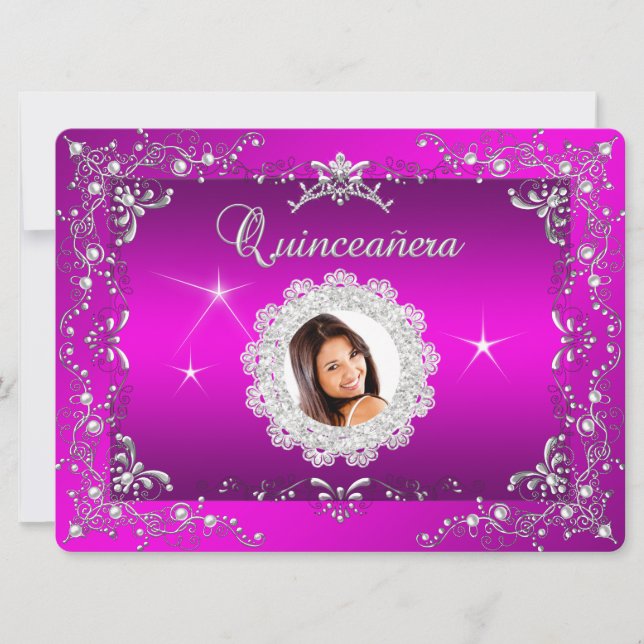 Convite Princesa Rosa Quinceanera Silver Tiara (Frente)
