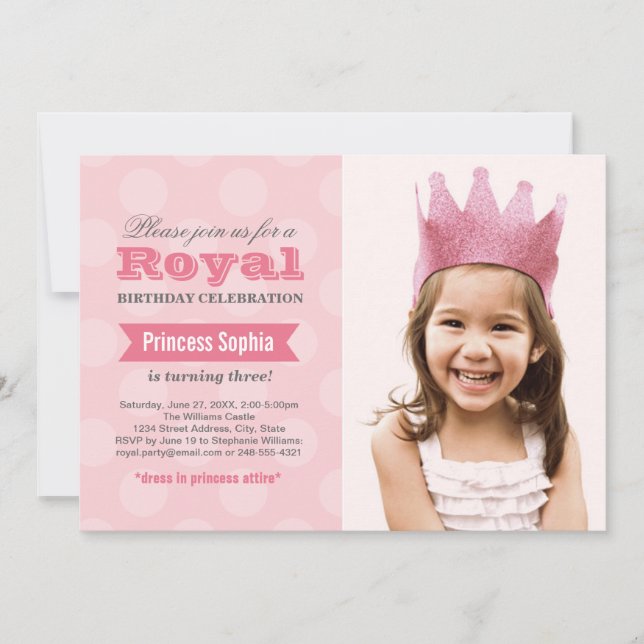 Convite Princesa Rosa Real Meninas Foto Aniversário (Frente)