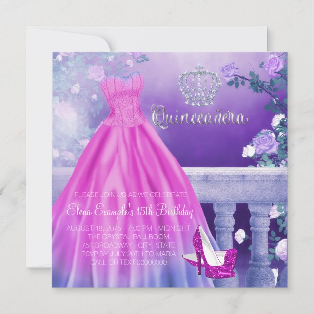 Convite Princesa Rosa Roxa Quinceanera (Frente)