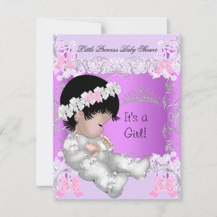 Convite Princesa Rosa Roxo Cinza Chuveiro de Bebê Menina F