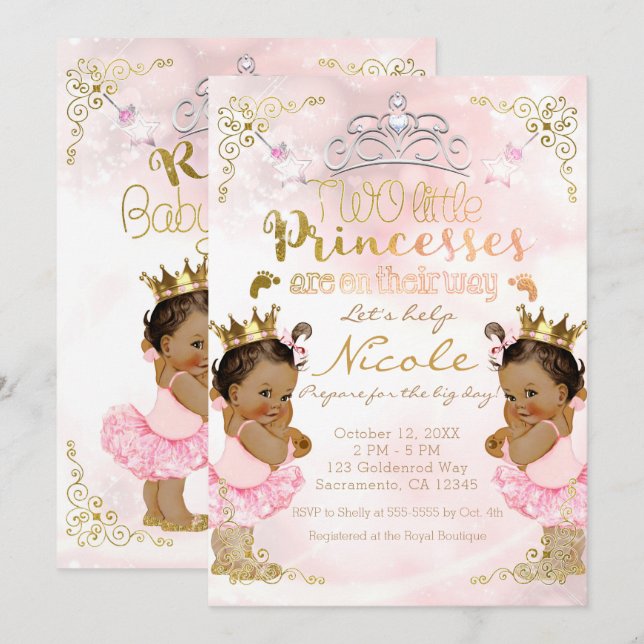 Convite Princesa Rosa Tutu e Coroa Gêmeas Meninas Chá de B (Frente/Verso)