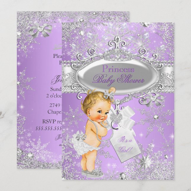 Convite Princesa Roxa Chuvada de Inverno Bebê Loira (Frente/Verso)
