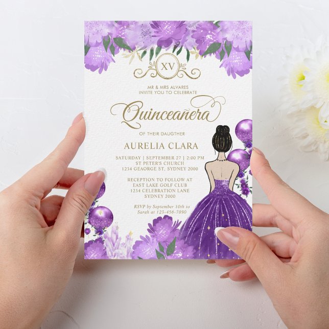 Convite Princesa Roxa Floral XV Quinceañera Aniversário (Criador carregado)