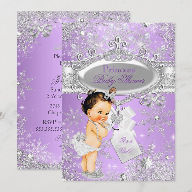 Convite Princesa Roxa Inverno Baby Shower Morena (Frente/Verso)
