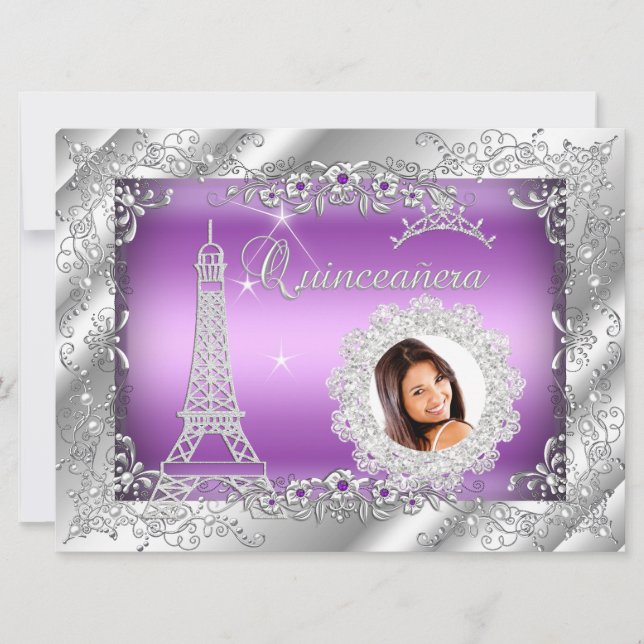 Convite Princesa Roxa Quinceanera Prata Foto GRANDE (Frente)