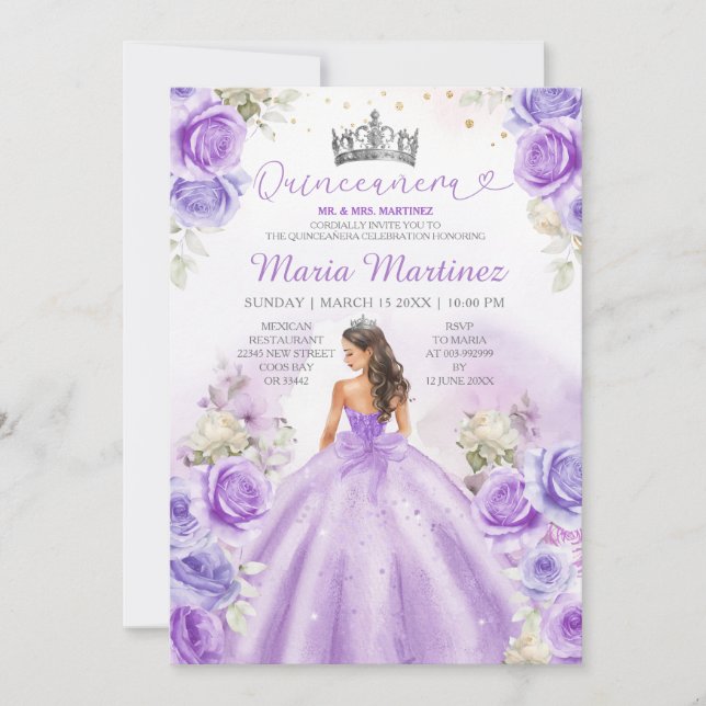 Convite Princesa Roxa Vesta Prata Floral Quinceañera (Frente)