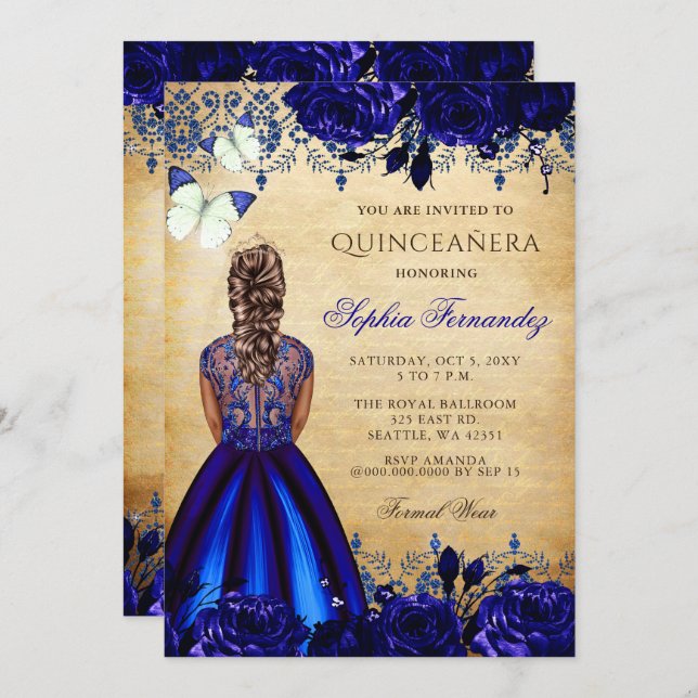 Convite Princesa Royal Blue Butterfly Quinceañera (Frente/Verso)