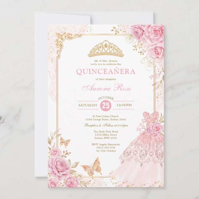 Convite Princesa Sinusona Rosa e Dourada, Quinceañera (Frente)