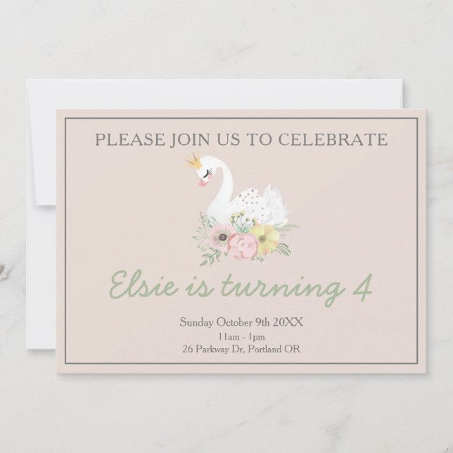 Convite princesa swan fofa, fofinha, aniversário (Frente)