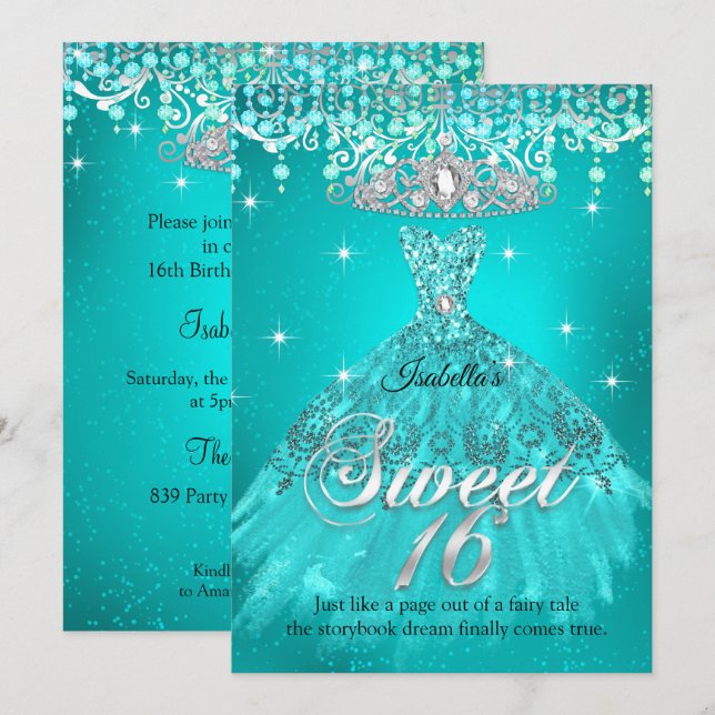 Convite Princesa Sweet 16 Aniversário Teal Aqua Dress Tiar (Frente/Verso)