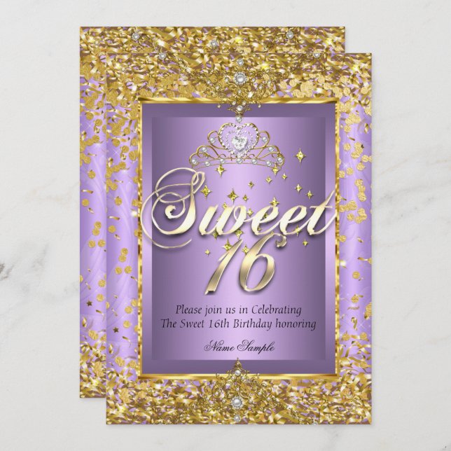 Convite Princesa Sweet 16 Dourada Lavanda Purple Party (Frente/Verso)