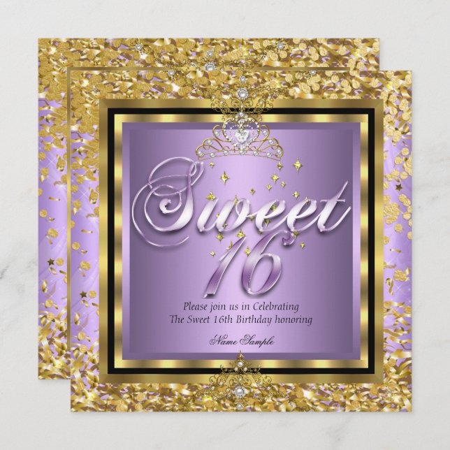 Convite Princesa Sweet 16 Dourada Lilac Purple Party (Frente/Verso)