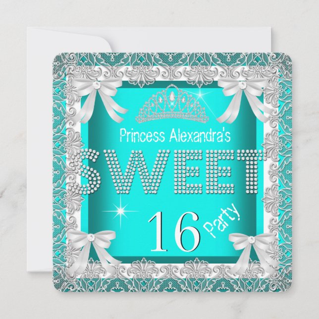 Convite Princesa Sweet 16 Glitter Teal Blue Aniversário 2 (Frente)