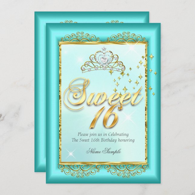 Convite Princesa Sweet 16 Teal Blue Festa de aniversário D (Frente/Verso)