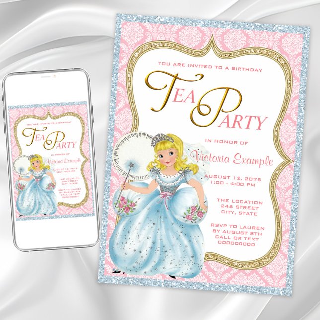 Convite Princesa Tea Party (Pretty princess tea party invitation. Instant download and printed invitations available.)