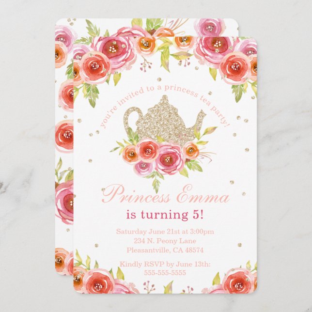 Convite Princesa Tea Party Birthday Floral Glitter (Frente/Verso)