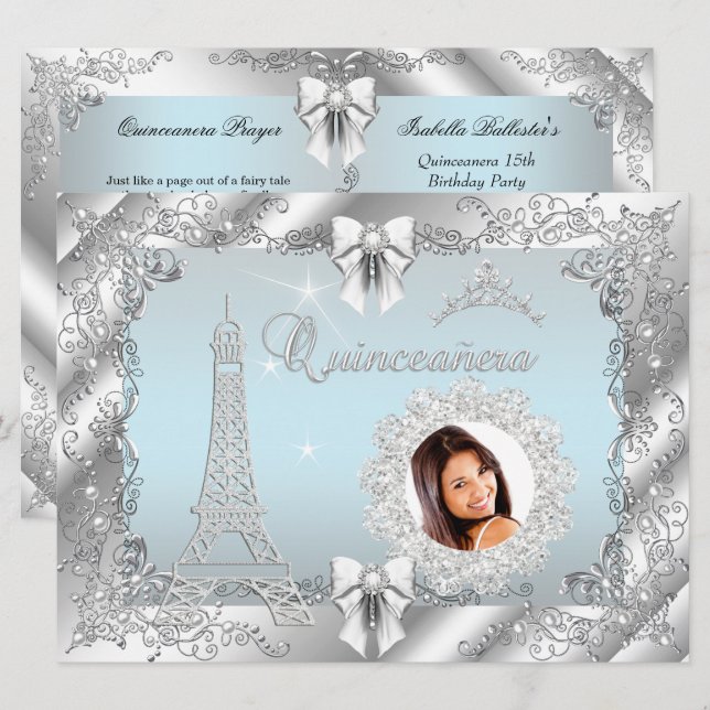 Convite Princesa Teal Blue Quinceanera Silver Foto BIG (Frente/Verso)