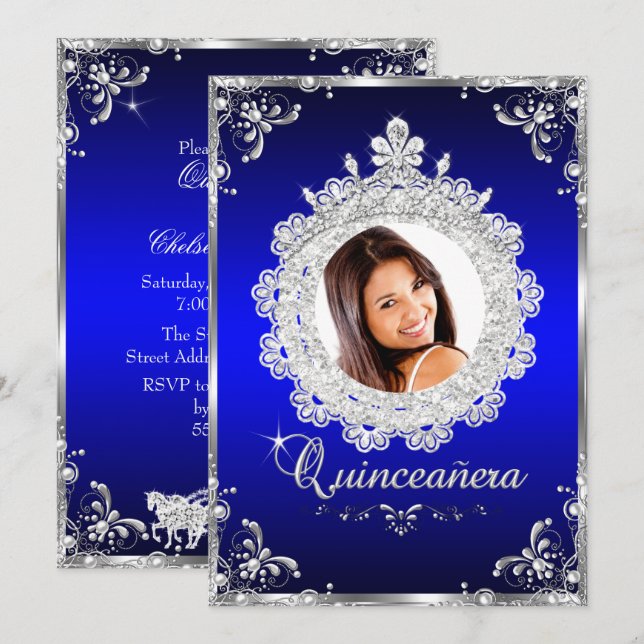 Convite Princesa Tiara Azul Real Brilho Quinceanera (Frente/Verso)