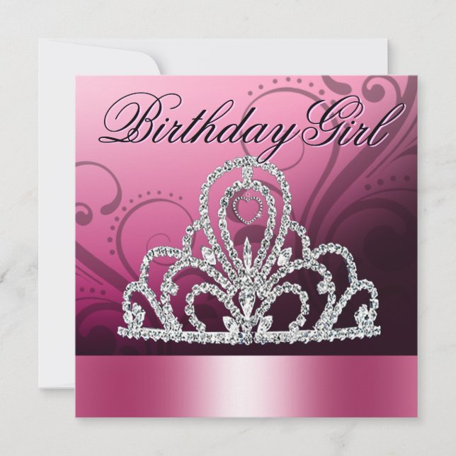 Convite Princesa Tiara Birthday Girl (rosa) (Frente)