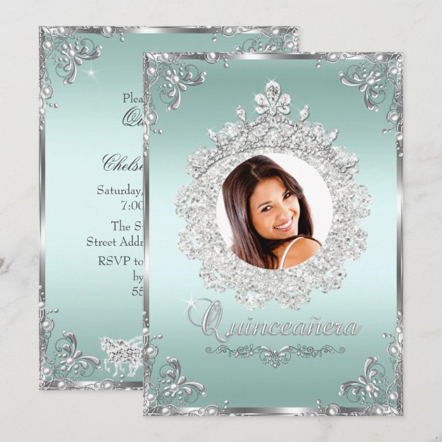 Convite Princesa Tiara Brilho Prata Quinceanera (Frente/Verso)
