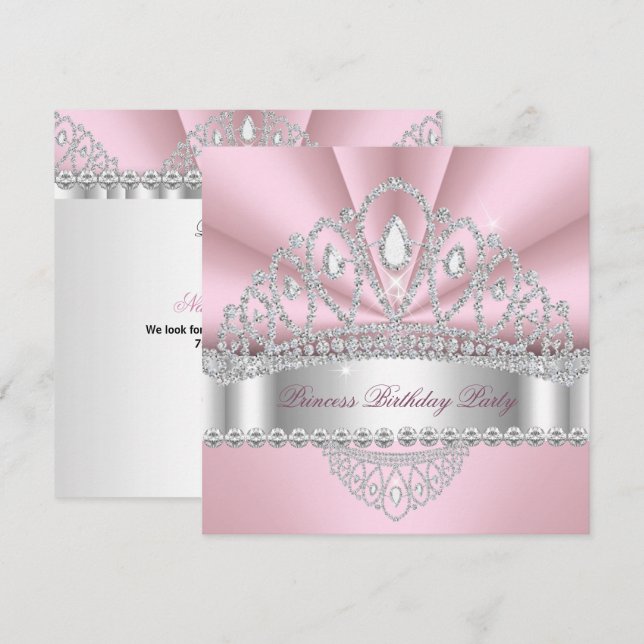 Convite Princesa Tiara de Diamante Rosa e Branco Festa de  (Frente/Verso)