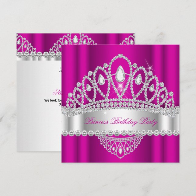 Convite Princesa Tiara de Diamante Rosa e Branco Festa de  (Frente/Verso)