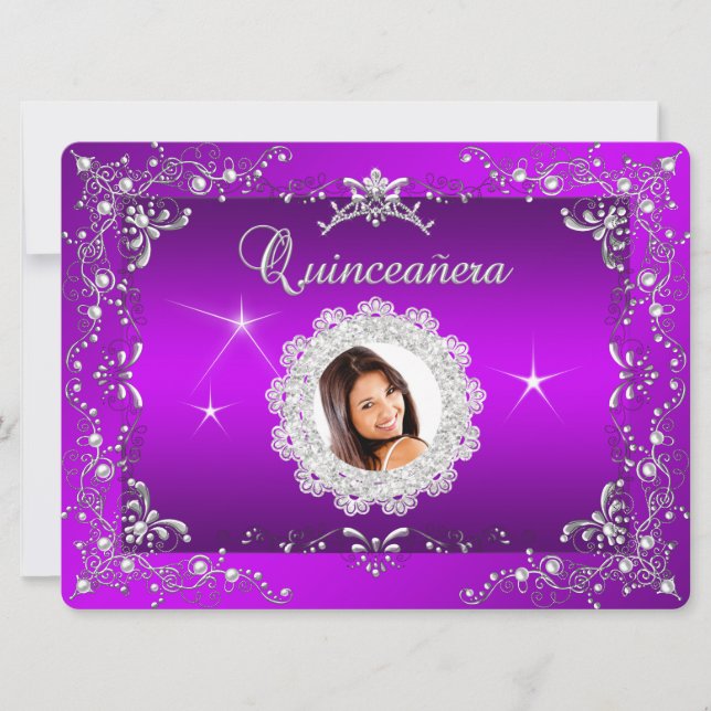 Convite Princesa Tiara de Prata Roxa Magenta Quinceanera (Frente)