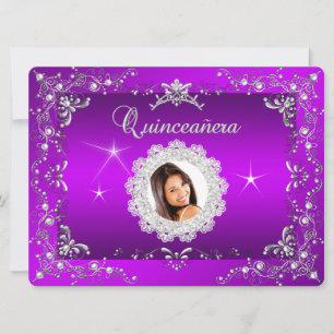 Convite Princesa Tiara de Prata Roxa Magenta Quinceanera