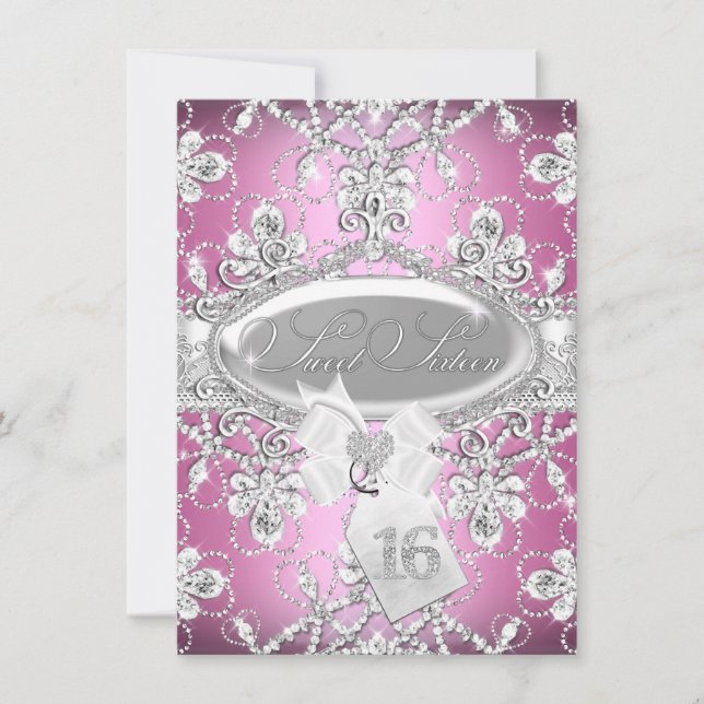 Convite Princesa Tiara Diamante Rosa Sweet 16 (Frente)