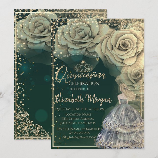 Convite Princesa, Tiara Dourada, Rosas Diamantes  (Frente/Verso)