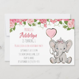 Convite Princesa Tiara Elefante Rosa Floral 1º Aniversário