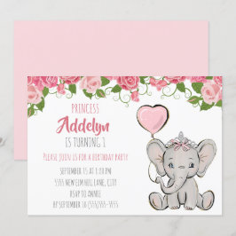 Convite Princesa Tiara Elefante Rosa Floral 1º Aniversário